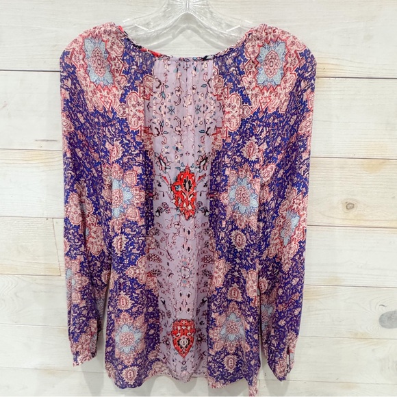 Lucky Brand Blue abstract Tile Print Long Sleeve Boho peasant top ❤️ - Picture 9 of 10